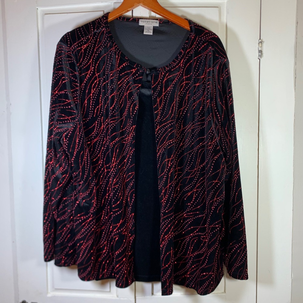 Notations Woman Black Red Glitter Velvet Jacket w Tank 3X Whimsigoth Holiday